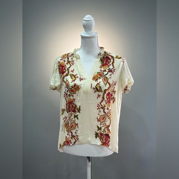 Cream Floral Rose + Olive Tunic Blouse Size M EUC - Picture 1 of 7